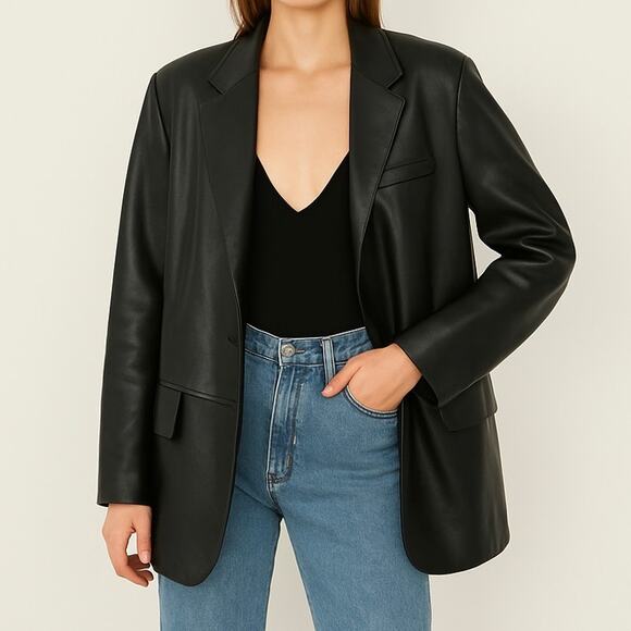 Zara Jackets & Blazers - ZARA Women’s XS Faux Leather Blazer Black Longline Oversized One Button